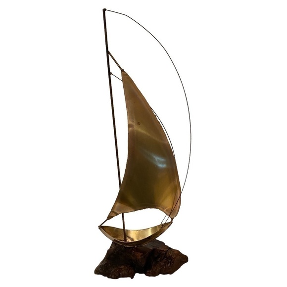 Vintage Mid Century Modern Brass Sailboat, Burl Wood Mount Artist Made - Picture 4 of 12